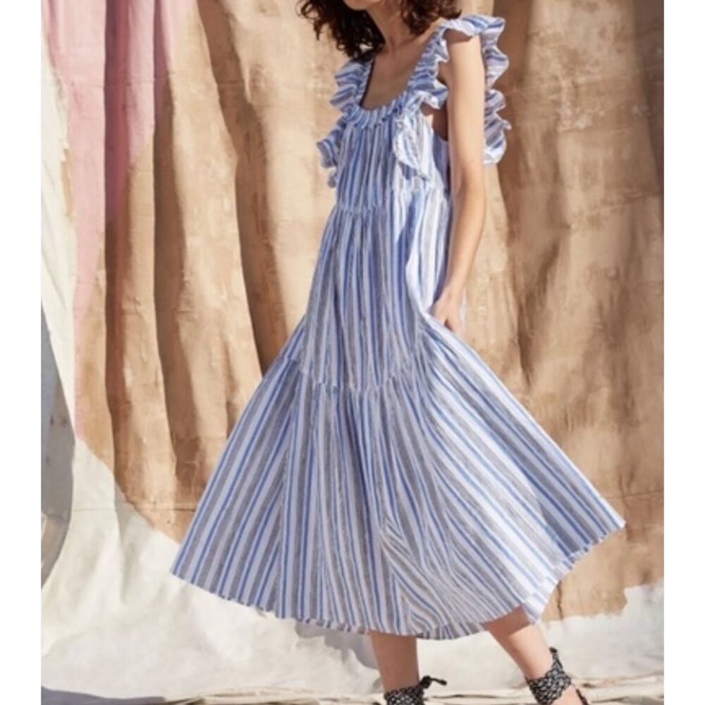 Apiece Apart Ossetia Tiers Dress Seaside Striped Midi Ruffle Sleeveless Sz 2